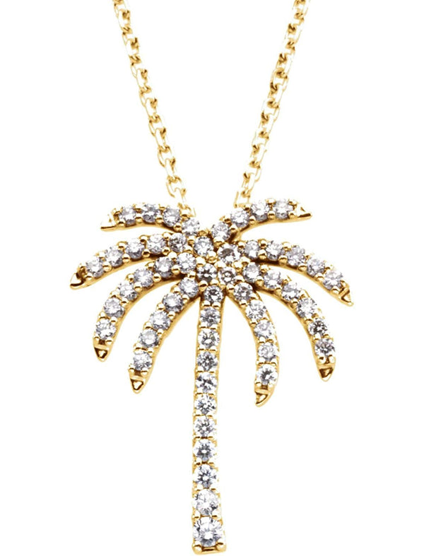 Diamond Palm Tree 14k Yellow Gold Pendant Necklace, 16"(1/3 Cttw)