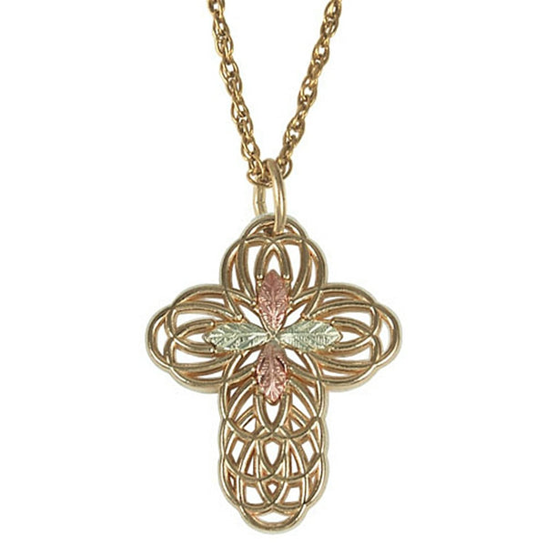 Filigree Cross Necklace in 10k Yellow Gold, 12k Rose Gold and 12k Greeen Gold, 18"