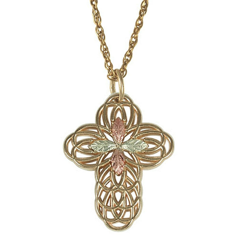 Filigree Cross Necklace in 10k Yellow Gold, 12k Rose Gold and 12k Greeen Gold, 18"