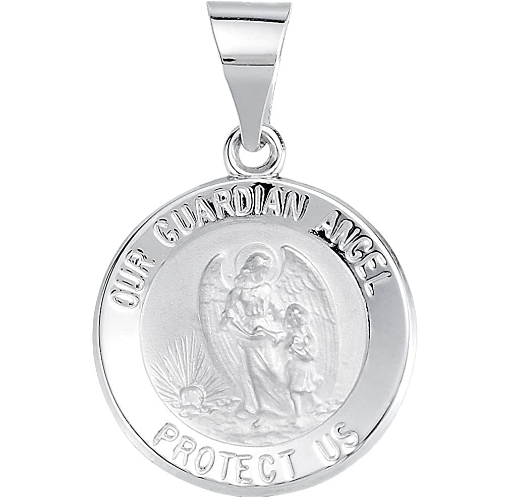 14k White Gold Round Hollow Guardian Angel Medal (15 MM)