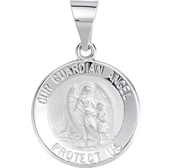 14k White Gold Round Hollow Guardian Angel Medal (15 MM)