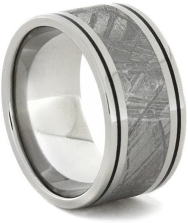 Gibeon Meteorite, Black Enamel Pinstripes 11mm Comfort-Fit Titanium Wedding Band, Size 12