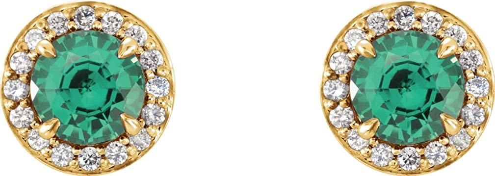 Chatham Created Emerald and Diamond Halo-Style Earrings, 14k Yellow Gold (5 MM) (.16 Ctw, G-H Color, I1 Clarity)