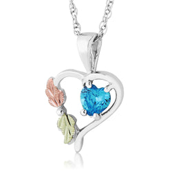 Ave 369 Blue CZ Heart Pendant Necklace, Sterling Silver, 12k Green and Rose Gold Black Hills Gold Motif, 18"
