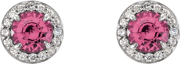 Pink Tourmaline and Diamond Halo-Style Earrings, Rhodium-Plated 14k White Gold (5 MM) (.16 Ctw, G-H Color, I1 Clarity)