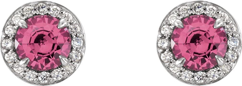 Pink Tourmaline and Diamond Halo-Style Earrings, Rhodium-Plated 14k White Gold (5 MM) (.16 Ctw, G-H Color, I1 Clarity)
