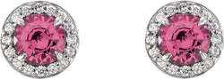 Pink Tourmaline and Diamond Halo-Style Earrings, 14k White Gold (4 MM) (.125 Ctw, G-H Color, I1 Clarity)
