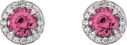 Pink Tourmaline and Diamond Halo-Style Earrings, Rhodium-Plated 14k White Gold (4.5 MM) (.16 Ctw, G-H Color, I1 Clarity)