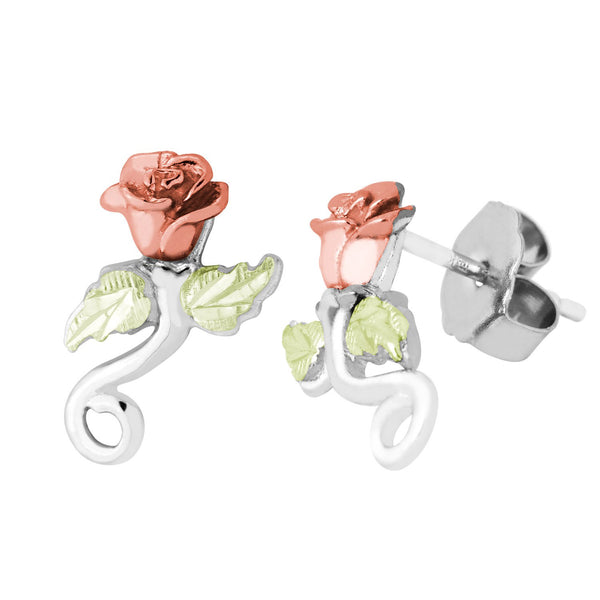 Diamond-Cut Rose Flower Earrings, Sterling Silver, 12k Green and Rose Gold Black Hills Gold Motif