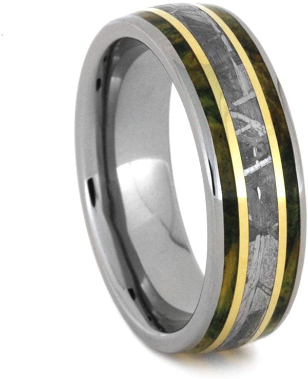 Gibeon Meteorite, 14k Yellow Gold, Green Box Elder Burl Wood 6mm Comfort-Fit Titanium Wedding Band, Size 11.25