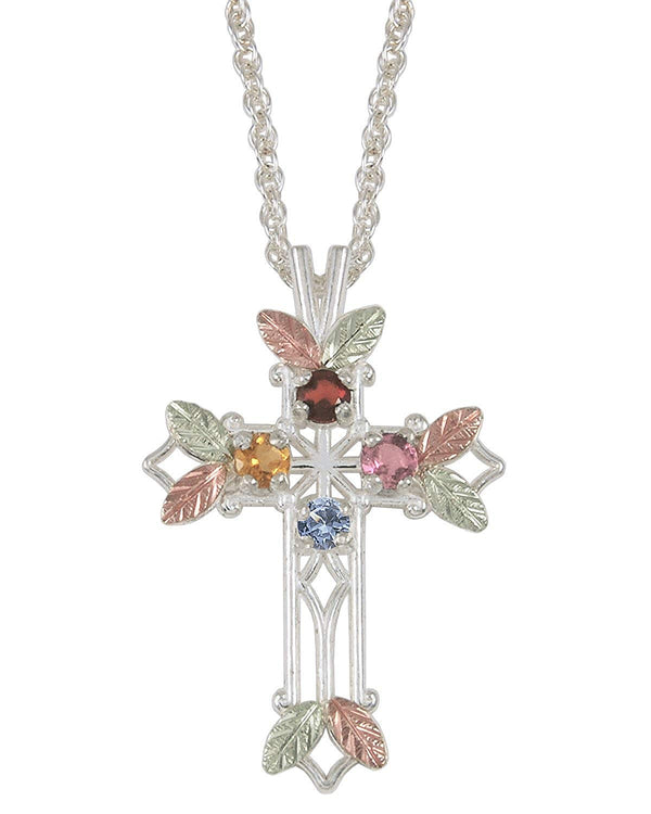 Aquamarine, Citrine, Garnet and Pink Tourmaline Pointed Cross Pendant Necklace, Sterling Silver, 12k Green and Rose Gold Black Hills Gold Motif, 18"
