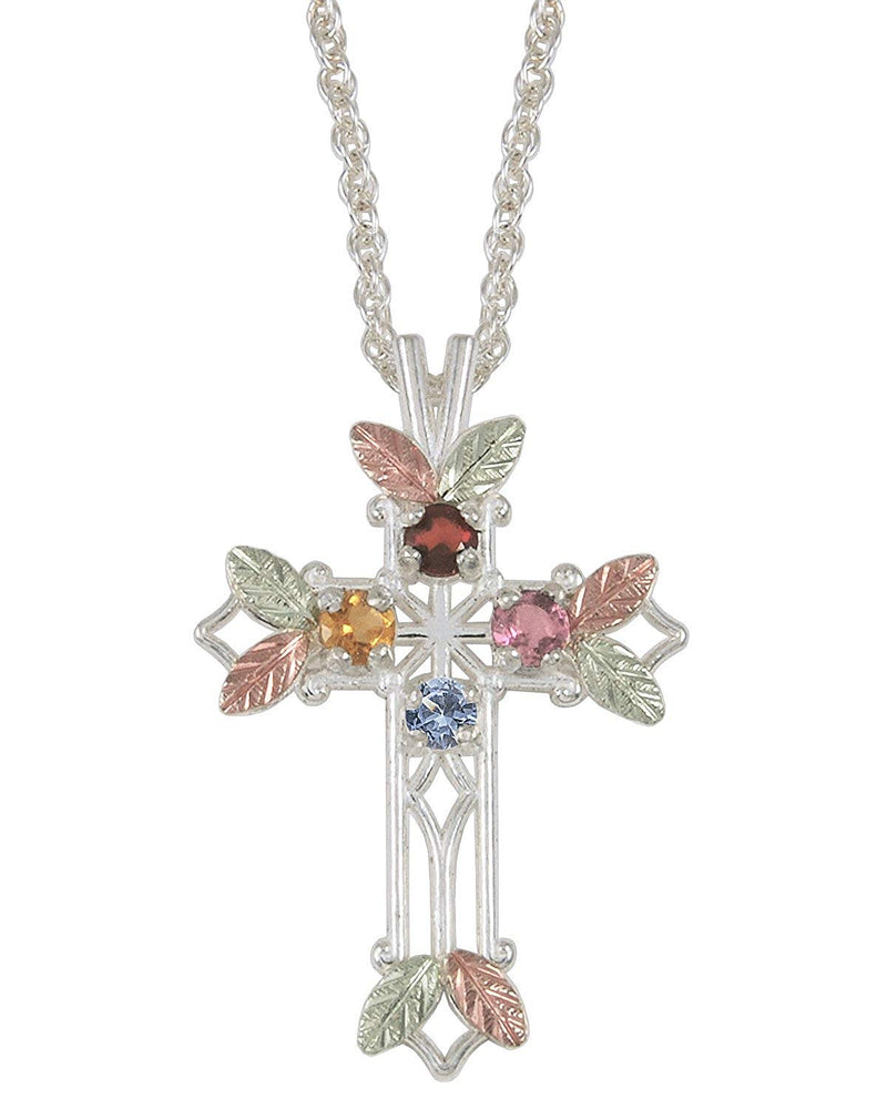 Aquamarine, Citrine, Garnet and Pink Tourmaline Pointed Cross Pendant Necklace, Sterling Silver, 12k Green and Rose Gold Black Hills Gold Motif, 18"