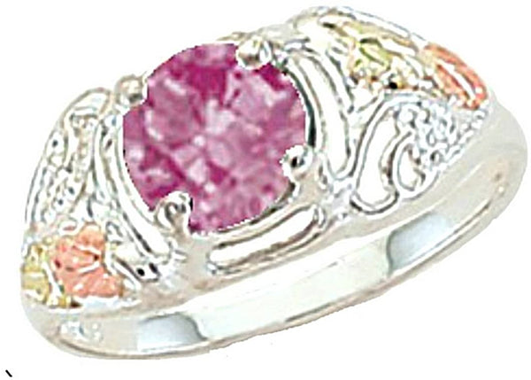 Round Pink CZ Ring, Sterling Silver, 12k Green and Rose Gold Black Hills Gold Motif, Size 3.5