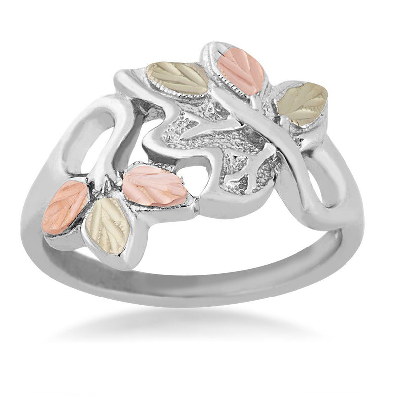 Double Leaf Ring, Sterling Silver, 12k Green and Rose Gold Black Hills Gold Motif