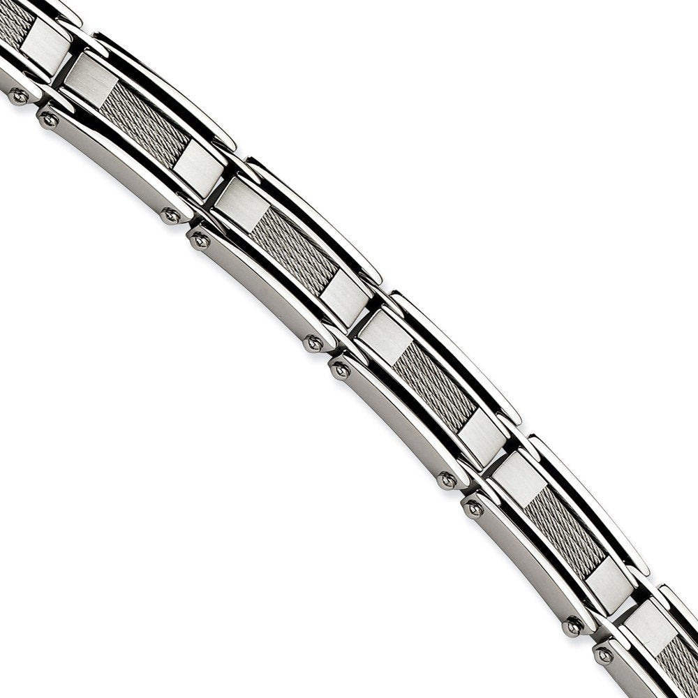 Men's Brushed Stainless Steel 11mm Silver Wire Inset Bracelet, 8.5"