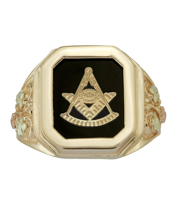 Men's Onyx Signet Ring, 10k Yellow Gold, 12k Green and Rose Gold Black Hills Gold Motif