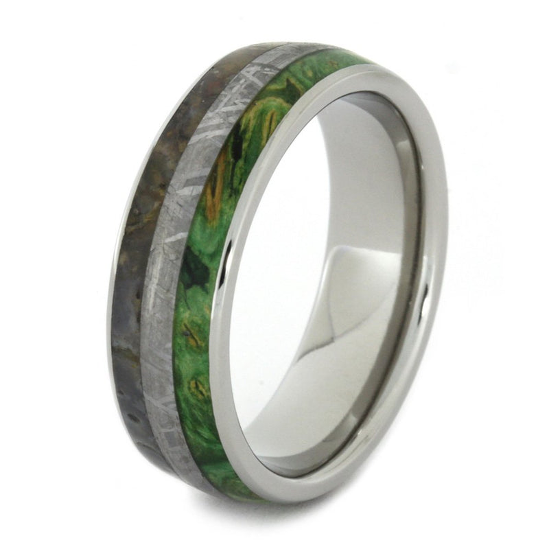 Gibeon Meteorite, Dinosaur Bone, Green Box Elder Wood 7mm Comfort-Fit Titanium Band