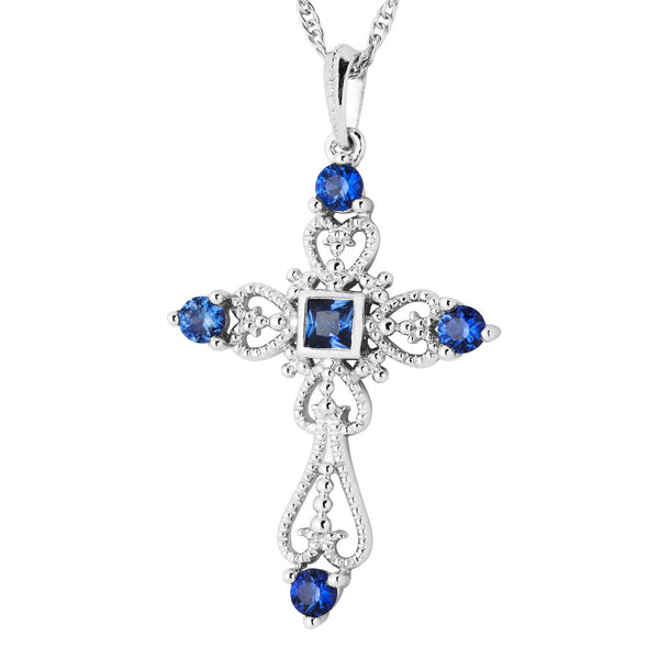Heart Cross Blue CZ Rhodium Plated Sterling Silver Necklace, 18"