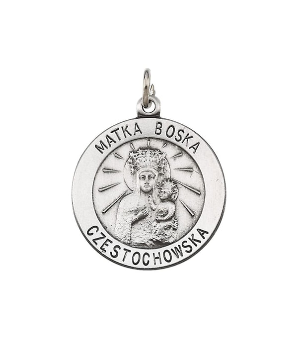 Rhodium Plated Sterling Silver Round Matka Boska Medal (18.25 MM)