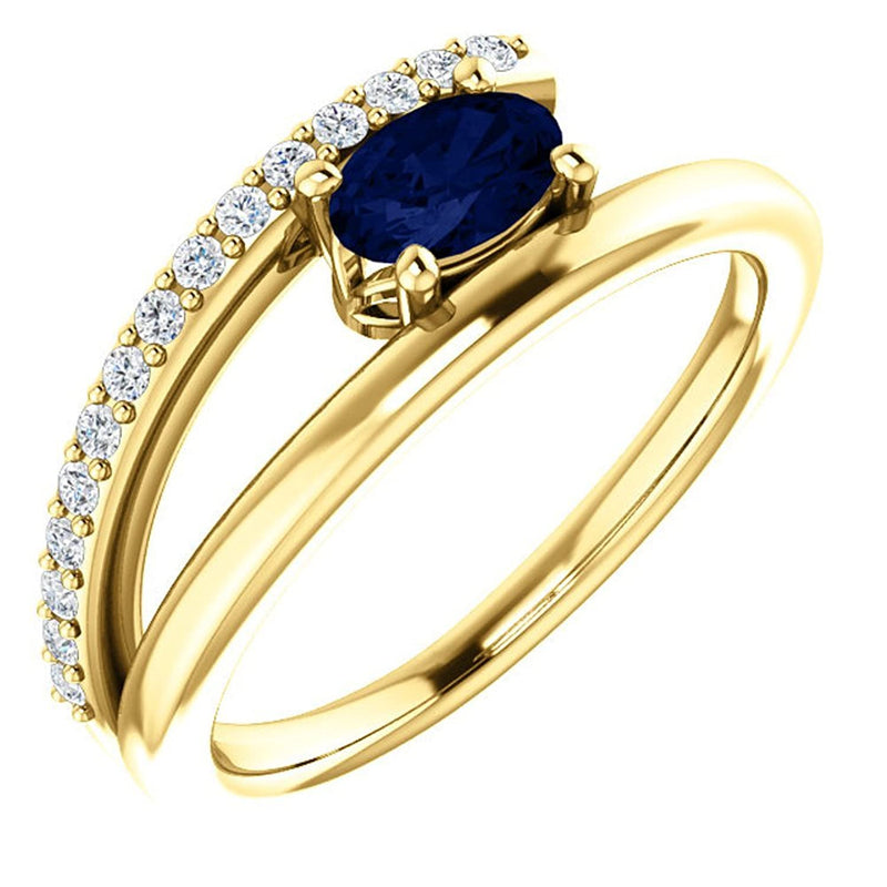 Chatham Created Blue Sapphire and Diamond Bypass Ring, 14k Yellow Gold (.125 Ctw, G-H Color, I1 Clarity)
