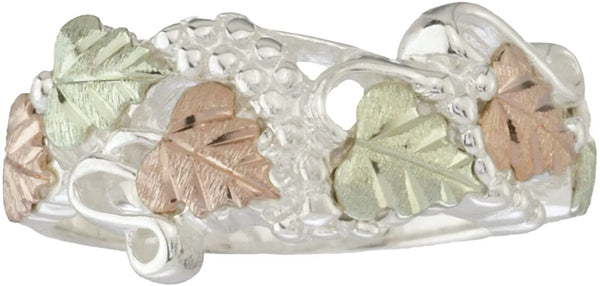 Fancy Cut-Out Leaf Band, Sterling Silver, 12k Green and Rose Gold Black Hills Gold Motif, Size 11