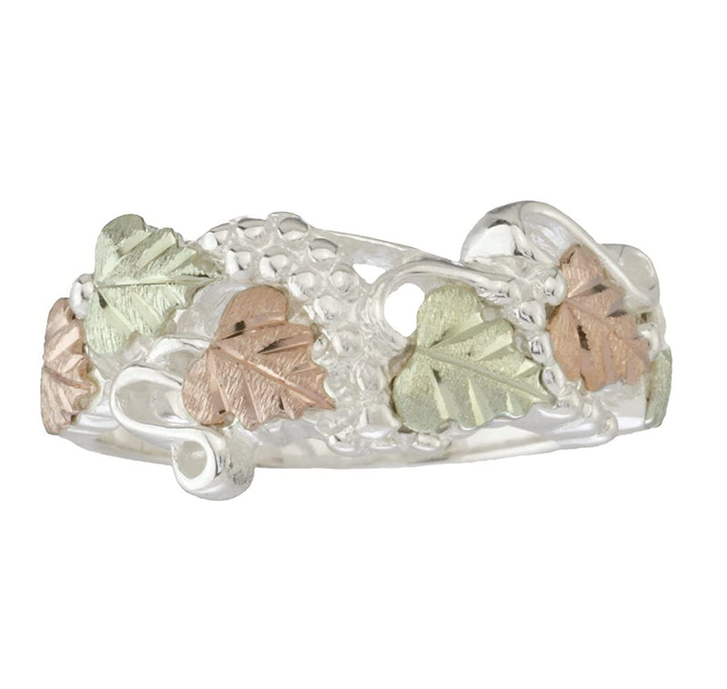Fancy Cut-Out Leaf Band, Sterling Silver, 12k Green and Rose Gold Black Hills Gold Motif, Size 10