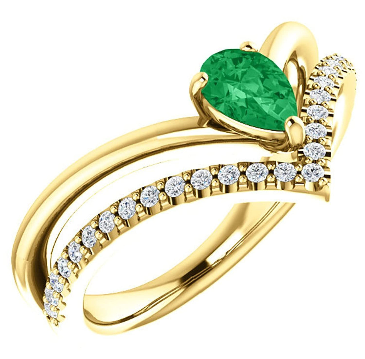 Chatham Created Emerald Pear and Diamond Chevron 14k Yellow Gold Ring (.145 Ctw, G-H Color, I1 Clarity), Size 6.5