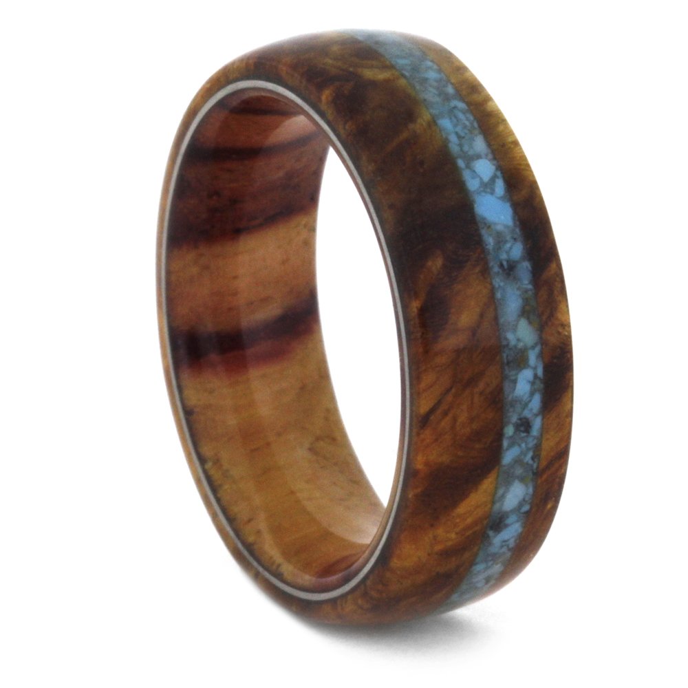 Ave 369 Turquoise, Amboyna Burl and Tulip Wood 7mm Comfort-Fit Matte Titanium Band