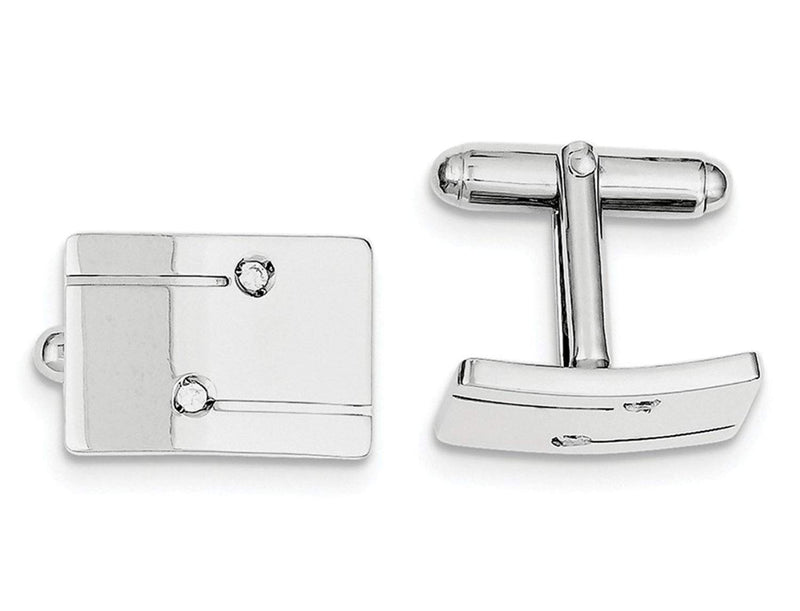 Rhodium-Plated Sterling Silver, Cubic Zirconia Rectangle Cuff Links, 19X16MM