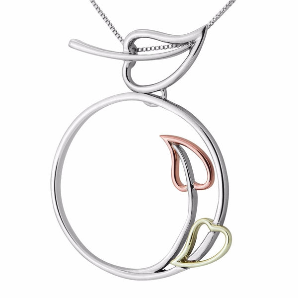 Mirror Polished Circle Pendant Necklace, Rhodium Plated Sterling Silver, 10k Green and Rose Gold, 18" to 22"