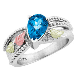 Pear Swiss Blue Topaz Granulated Bead Ring, Sterling Silver, 12k Green and Rose Gold Black Hills Gold Motif, Size 9.5