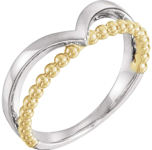 Negative Space Beaded 'V' Ring, Rhodium-Plated 14k White and Yellow Gold