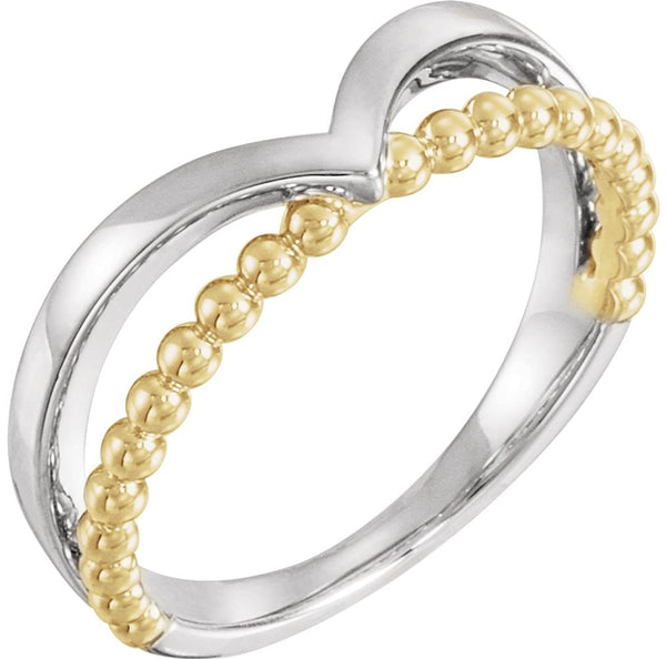 Negative Space Beaded 'V' Ring, Rhodium-Plated 14k White and Yellow Gold, Size 4.75