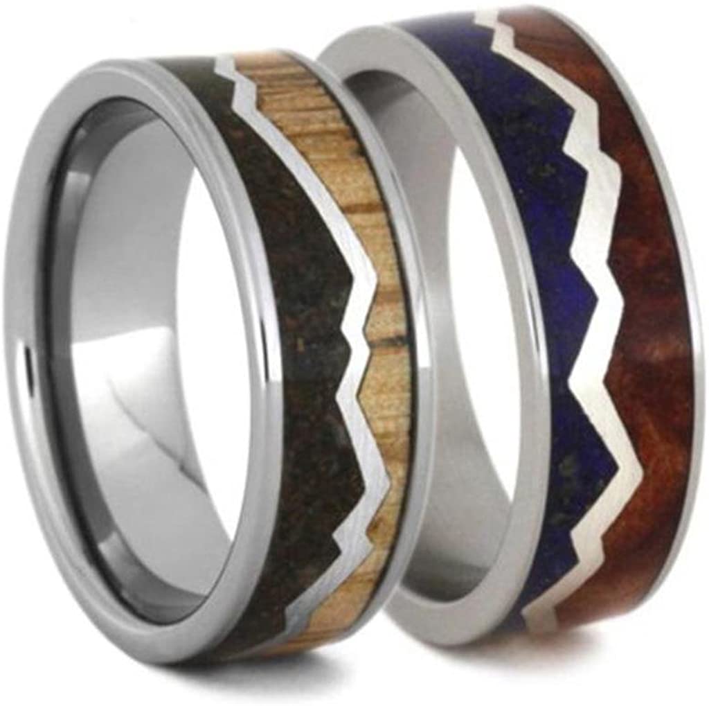 His and Hers Dinosaur Bone, Oak Wood Titanium Band and Redwood, Lapis Lazuli Titanium Band Sizes M8.5-F7