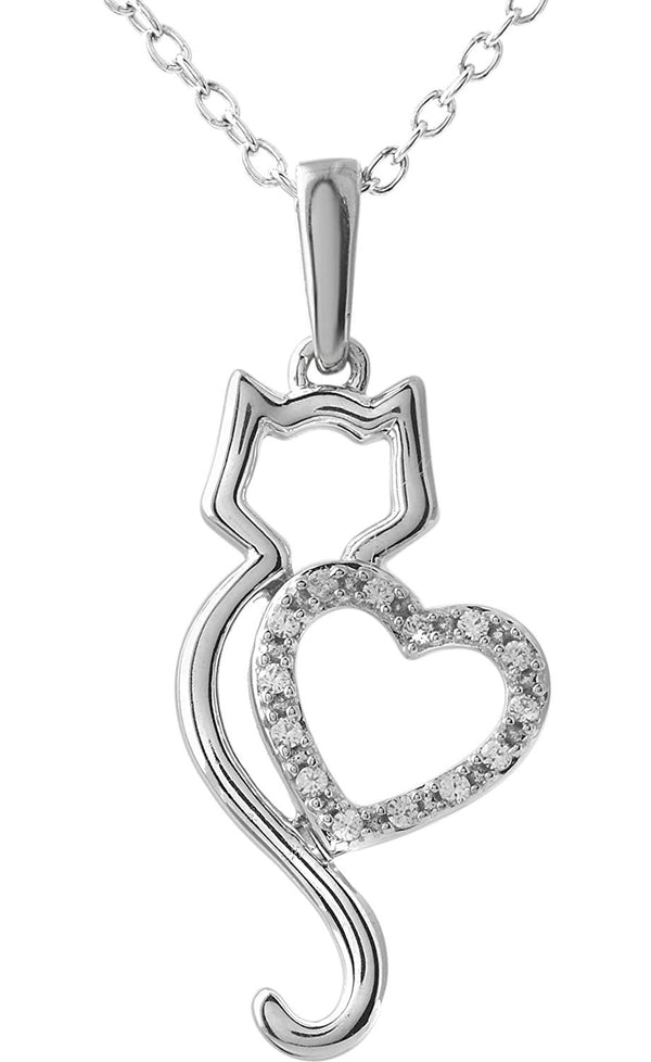 Diamond .05 Cttw Kitty and Heart Silhouette 10k White Gold Necklace, 18" with Charm Pet Collar Tag