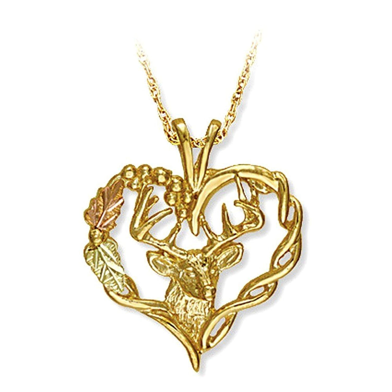 Mirror Polished Heart with Deer's Head Pendant Necklace, 10k Yellow Gold, 12k Green and Rose Gold Black Hills Gold Motif, 18"