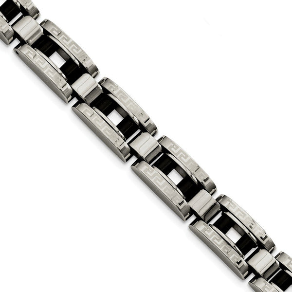 Men's Stainless Steel 12mm IP Black-Plated and Greek Key Bracelet, 8.5"