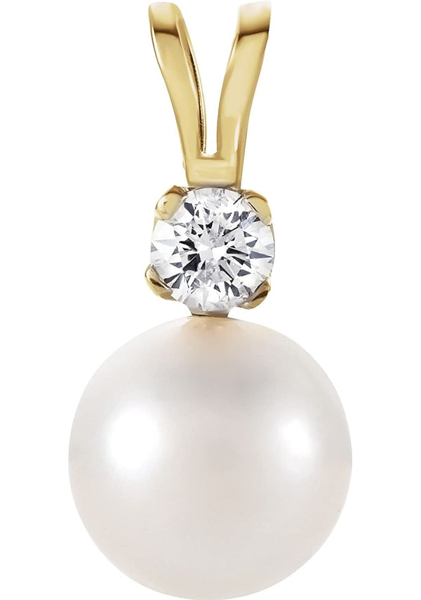 White Akoya Cultured Pearl and Diamond Pendant, 14k Yellow Gold, (7MM) (.10 Ct, Color G-H, Clarity I1)