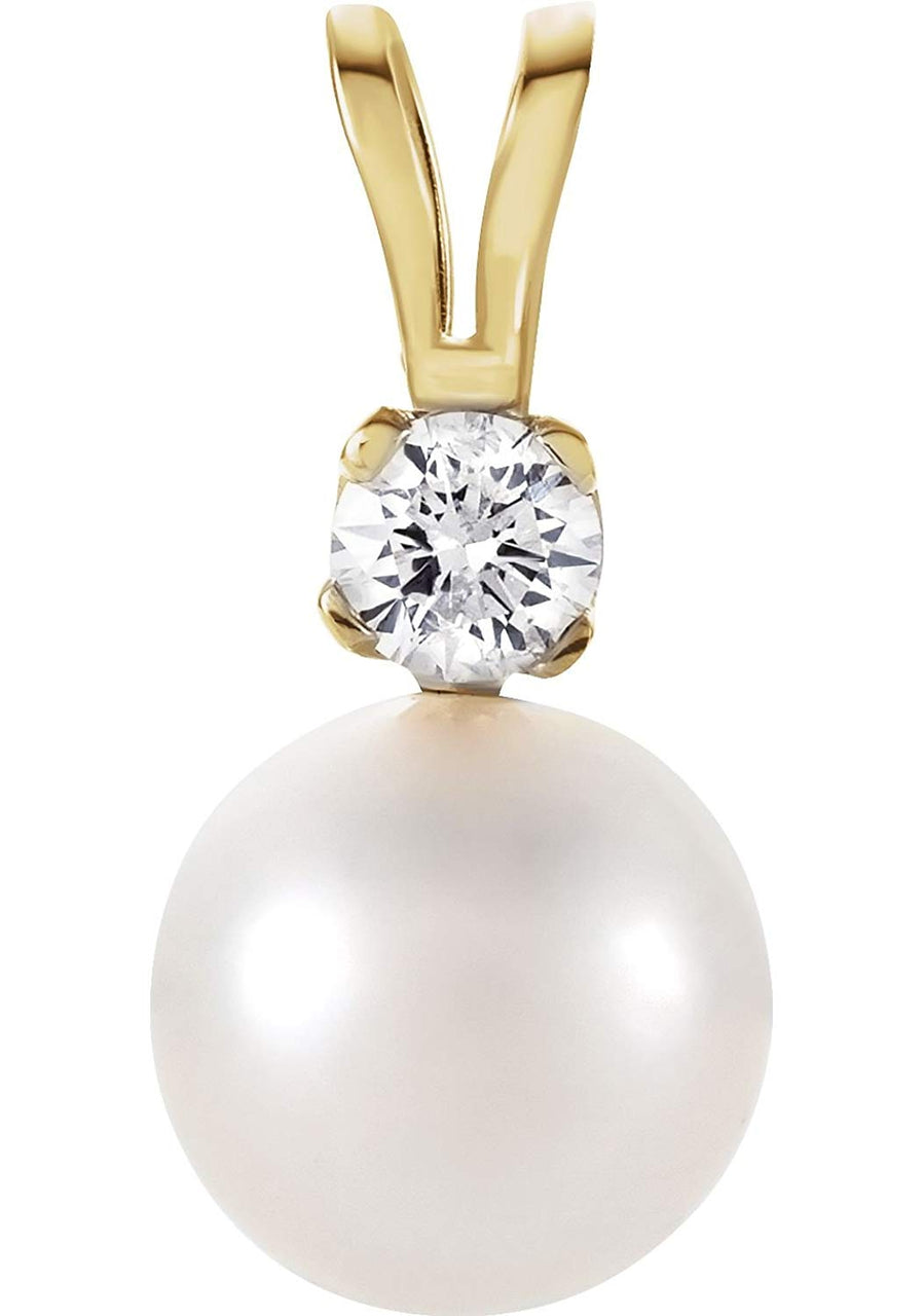 White Akoya Cultured Pearl and Diamond Pendant, 14k Yellow Gold, (6MM) (.02 Ct, Color G-H, Clarity I1)