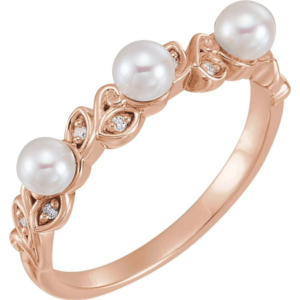 White Cultured Pearl, Diamond Stackable Leaf Ring, 14k Rose Gold (3.5mm)(.03Ctw, Color G-H, Clarity I1)