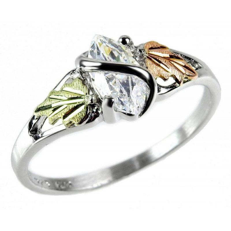 Marquise CZ with Leaf Slim-Profile Ring, Sterling Silver, 12k Green and Rose Gold Black Hills Gold Motif