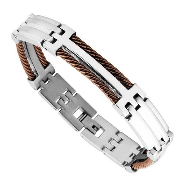 Men's Two-Tone Brown Ion Plated Wire Bracelet, Stainless Steel, 8.5"