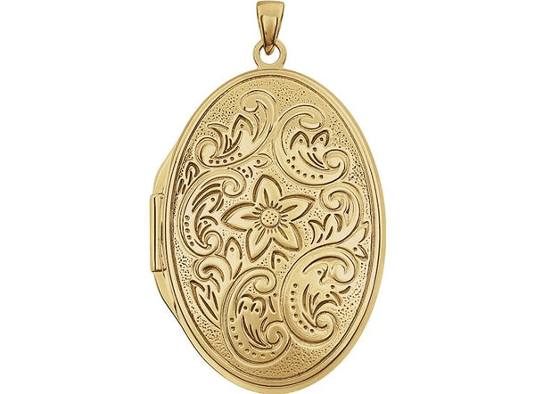 14k Yellow Gold Oval Four Picture Locket with Etched Flower Design