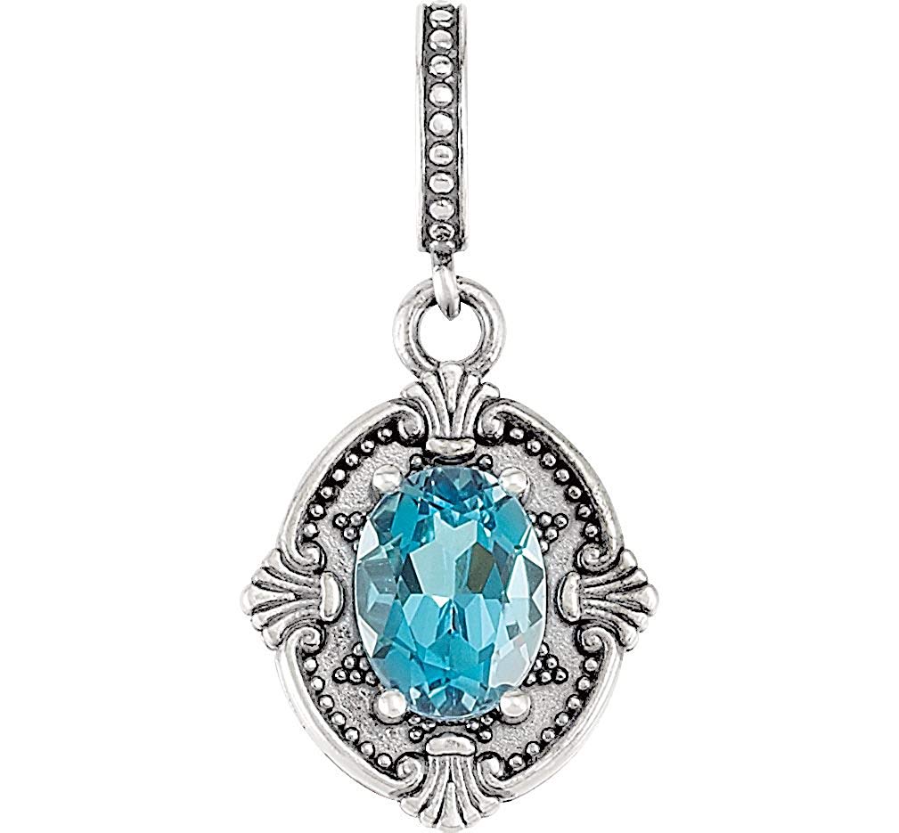 Oval Swiss Blue Topaz Victorian Style Pendant, Sterling Silver