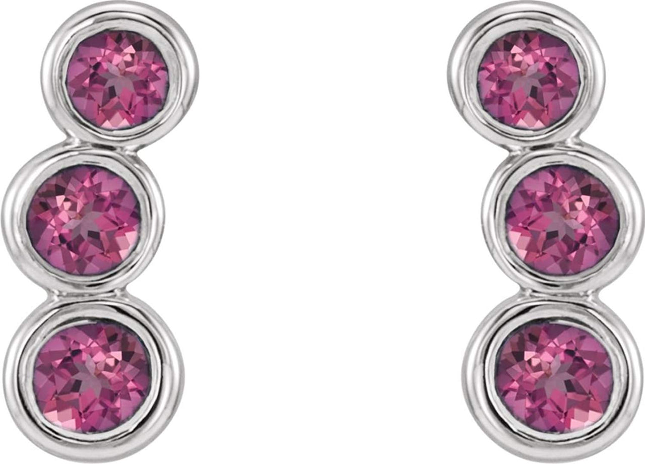 Pink Tourmaline Three-Stone Ear Climbers, Rhodium-Plated 14k White Gold