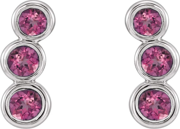 Pink Tourmaline Three-Stone Ear Climbers, Rhodium-Plated 14k White Gold