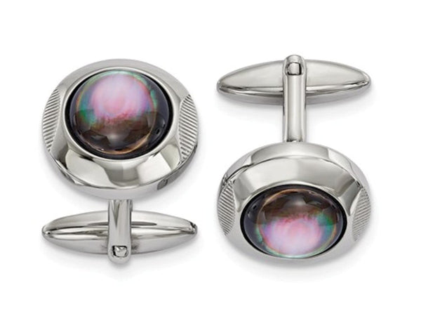 Stainless Steel Mother Of Pearl Round Cuff Links, 26.1MMX19.24MM
