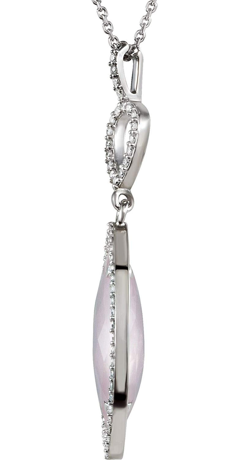 Rose Quartz Marquise Diamond Halo Sterling Silver Drop Necklace, 18"