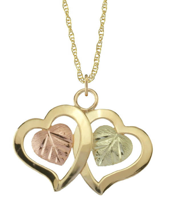 Interlocked Hearts Pendant Necklace, 10k Yellow Gold, 12k Green Gold, 12k Rose Gold Black Hills Gold, 18"