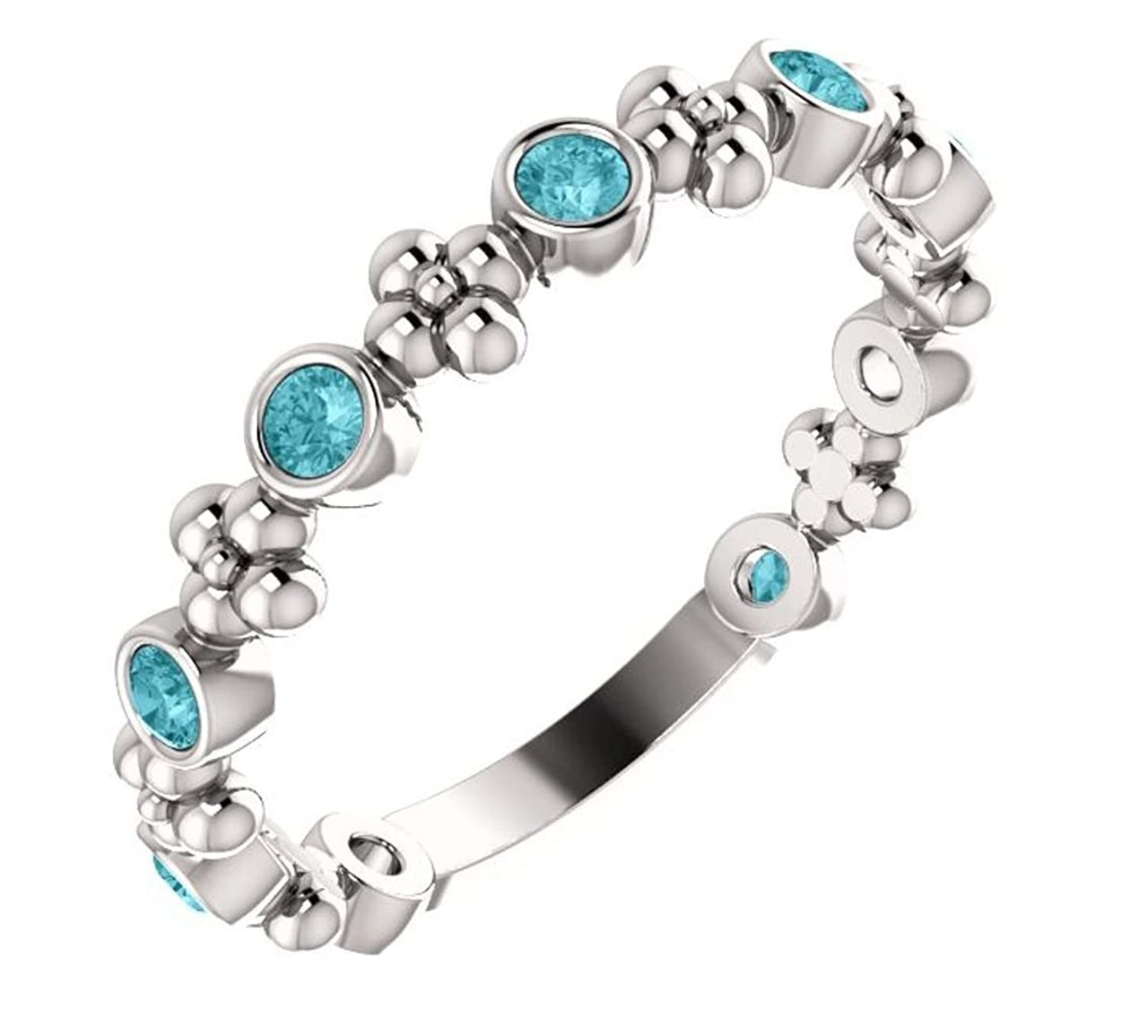 Genuine Blue Zircon Beaded Ring, Rhodium-Plated 14k White Gold